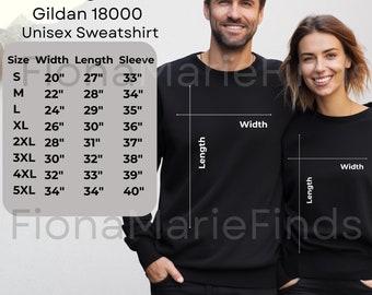 May include: Size chart for a unisex Gildan 18000 sweatshirt. The chart shows the width, length, and sleeve length in inches for sizes S through 5XL.