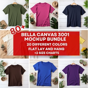 May include: A mockup bundle of 20 different color Bella Canvas 3001 t-shirts. The t-shirts are shown in flat lay and hanging styles. The bundle includes two size charts.