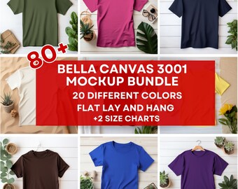 80+ Bella Canvas 3001 Makiet koszulek, Płaski układ Bella Canvas Makieta, Powiesić złożony płaski układ Boho Tshirt Makieta stylizowane zdjęcie stockowe cyfrowe JPG