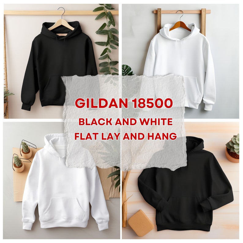 May include: Black and white Gildan 18500 hoodies, shown flat lay and hanging on hangers. The hoodies have a pouch pocket and a drawstring hood.