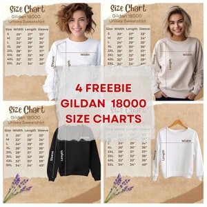 May include: Four size charts for Gildan 18000 unisex sweatshirts. The charts show the width, length, and sleeve length in inches for sizes S through 5XL. The charts are displayed on a background with lavender flowers.