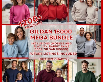 Más de 1200 paquetes de maquetas de Gildan Gildan, sudadera Gildan 18000 Mockup de suéter con cuello redondo, paquete de sección completa Fotos de maquetas de sudaderas de estilo de vida
