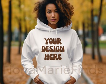 Gildan 18500 White Hoodie Mockup, Female Model Gildan 18500 Women Hoodie Mockup Bundle, Model Lifestyle Hooded White Sweatshirt Mockup