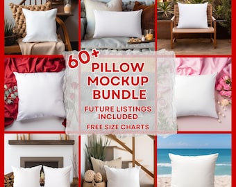 May include: A set of 60+ pillow mockups featuring various scenes, including a living room, a patio, and a beach. The mockups are perfect for showcasing your designs and creating professional-looking visuals.