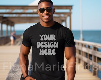 Male Model Bella Canvas 3001 Black T-Shirt Mockup, Men&#39;s Unisex Black Tee Mockup, Black Male Model Shirt Mockup Bundle African American JPG
