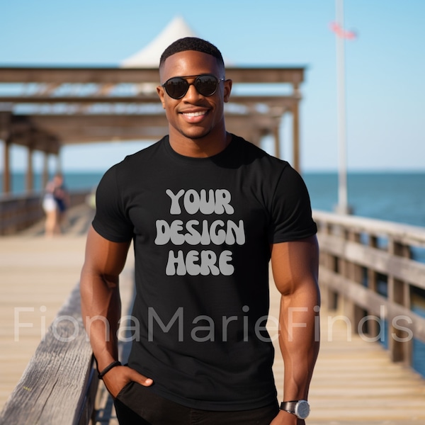 Male Model Bella Canvas 3001 Black T-Shirt Mockup, Men's Unisex Black Tee Mockup, Black Male Model Shirt Mockup Bundle African American JPG