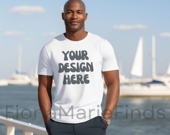 Modelo masculino Bella Canvas 3001 Maqueta de camiseta negra, Maqueta de camiseta blanca unisex para hombre, Maqueta de camisa modelo masculino negro Paquete afroamericano JPG
