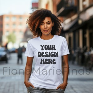 Gildan 64000 White Shirt Mockup, G640 White Tshirt Mockup, Female Model Mockup,  Gildan 64000 T-shirts Women Mockup Photos Black Model