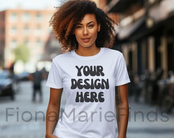 Gildan 64000 White Shirt Mockup, G640 White Tshirt Mockup, Female Model Mockup,  Gildan 64000 T-shirts Women Mockup Photos Black Model