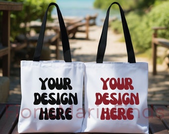 Paquete de dos bolsas de mano blancas con mango negro, maquetas de dos bolsas de mano, maquetas de bolsas de compras blancas, maquetas de compras, sublimación digital