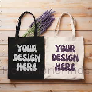Lot de deux maquettes de sacs fourre-tout noirs, deux maquettes de sacs fourre-tout en toile de coton, maquettes de sacs naturels Shopping POD Maquette numérique Jpg Canva