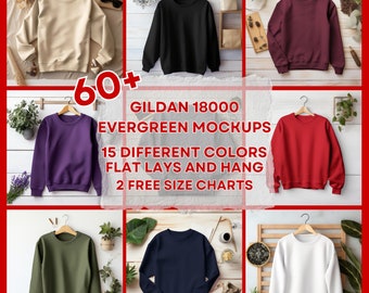 60+ Gildan Bundle-18000 Mockup, Flat Lay Gildan 18000 Sweatshirt Mockup, Hang Folded Flat Lay Mockup Bundle G180 G18000 Mockup Bundle JPG