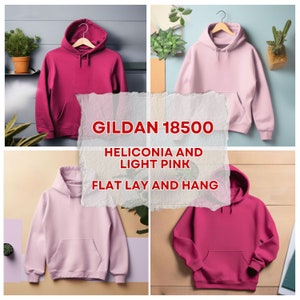 May include: Two Gildan 18500 hoodies, one in Heliconia and one in Light Pink, shown flat lay and hanging. The hoodies are a classic style with a drawstring hood and kangaroo pocket.