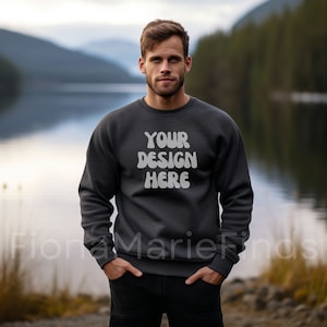 Gildan 18000 Dark Heather Sweatshirt Mockup, Male Gildan Sweater Mockup, Sweatshirt Mens Model Mockup G180 Dark Heather Crewneck Mockup JPG