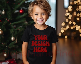 Kids Bella Canvas 3001 Kids Black Shirt Mockup Bundle Christmas, Toddler Tshirt Mockups, Kids Model Mockups Boy Girl Shirt Holiday Winter