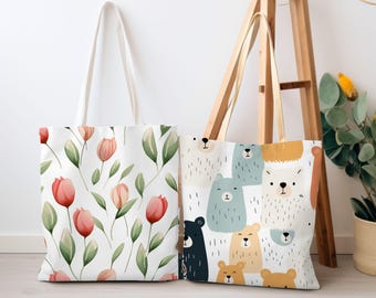 Two AOP Tote Bag Beige Handle Mockups Bundle, Drag and Drop Frame All Over Print Tote Bags Template, White Bag White Handle Tote Bag Canva