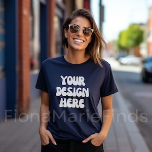 Navy Gildan 5000 Mockup Womens Tshirt Bundle, Female Model Navy  Blue Gildan 5000, Crewneck Navy Blue Shirt Women Model Oversized POD JPG