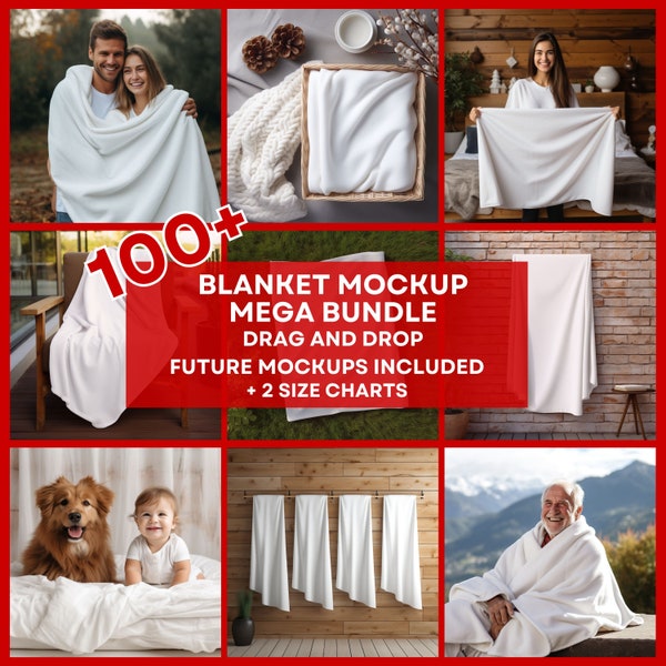 100+ Smart Blanket Mockup Bundle, Blankets Drag and Drop Mockup, Throw Velveteen Plush Blanket Mockups POD Canva Drag and Drop Digital PNG