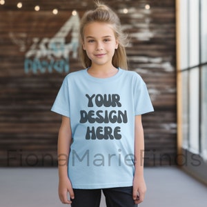 Gildan 5000B Youth Kids Light Blue Tshirt Mock-Ups, T-shirt Mockup Gildan Kids Tee, Light Blue Gildan 5000B Child G5000 Youth Tee Mockups
