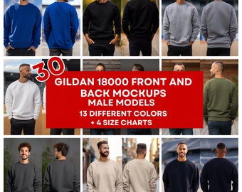 30 Gildan 18000 Front and Back Male Model Mockup Bundle, Front Back View, Front and Back Sweatshirt Mockup, Cute Men Sweatshirt Model JPG