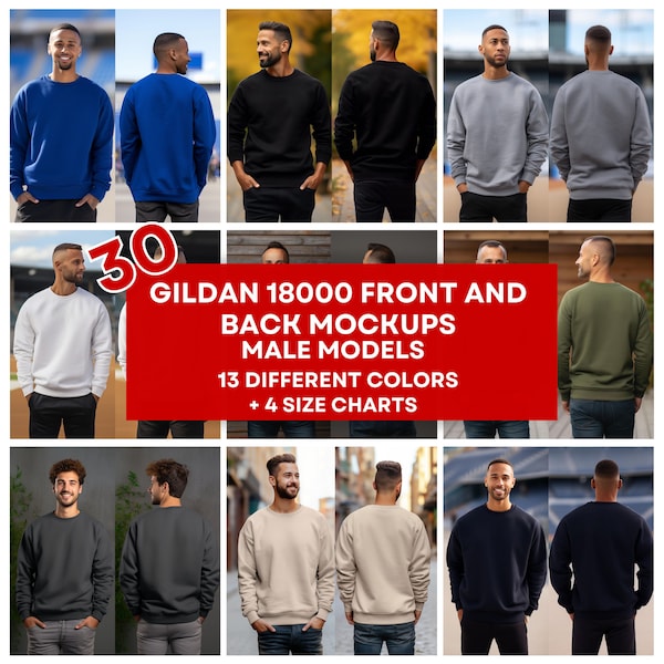 30 Gildan 18000 Front and Back Male Model Mockup Bundle, Front Back View, Front and Back Sweatshirt Mockup, Cute Men Sweatshirt Model JPG