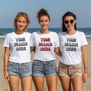友達グループ モックアップ バンドル、女の子のグループ T シャツ モックアップ、ホワイト ベラ キャンバス 3001 モデル モックアップ 女性グループ T シャツ モック デジタル ダウンロード JPG