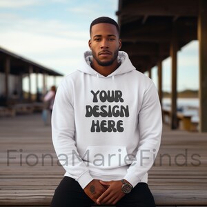 Gildan 18500 White Hoodie Mockup, Black Male Model Gildan 18500 Mens Hoodie Mockup Bundle, Model Lifestyle Hooded Sweatshirt Mockup Digital