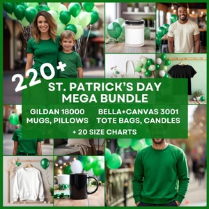 Puede incluir: Un collage de imágenes que muestran un mega paquete del Día de San Patricio con más de 220 diseños. El paquete incluye tazas y almohadas Gildan 18000, bolsas de mano y velas Bella + Canvas 3001, y 20 tablas de tallas.