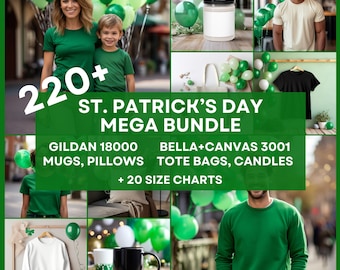 220+ St Patricks Day Mockup Bundle, Gildan 18000 Bella Canvas 3001 St Pattys Day Model Flat Lay Mockup, Mugs Pillows Candle Tote Bag Mocks