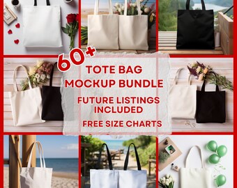 May include: A mockup bundle of 60+ tote bags in various colors and styles. The image shows a variety of tote bags in different settings, including a beach, a wooden table, and a green grassy area. The text "60+ Tote Bag Mockup Bundle" is displayed in the center of the image. The text "Future Listings Included" and "Free Size Charts" are also displayed in the image.