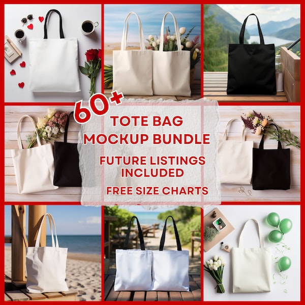 60+ Tote Bag Mockup Bundle, Natural Black Canvas Tote Bag Mockups, AOP Tote Bag Mockup, Natural Shopping Bag Mockups Print On Demand JPG