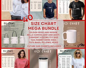 May include: A size chart for various apparel and tote bags. The chart includes Gildan 18000 and 18000B, Bella Canvas 3001 and 3001T, Comfort Colors 1717 and 1566, Rabbit Skins 3302, tote bags, pillows, mugs. The chart also includes future size charts.