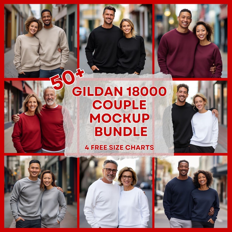 May include: A collage of photos showing couples wearing various colors of Gildan 18000 crewneck sweatshirts. The text "50+ Gildan 18000 Couple Mockup Bundle 4 Free Size Charts" is superimposed on the image.