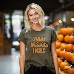 Military Green Bella Canvas 3001 Shirt Halloween Mockup Bundle, Modern Military Green Tshirt Fall Mockup Women Model Lifestyle Aesthetic Tee