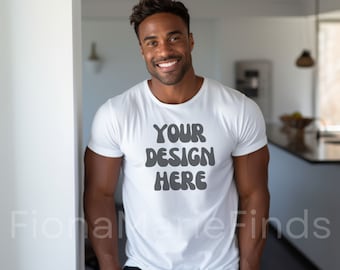 Male Model Bella Canvas 3001 White T-Shirt Mockup, Men's Unisex White Tee Mockup, Black Male Model Shirt Mockup Bundle African American JPG
