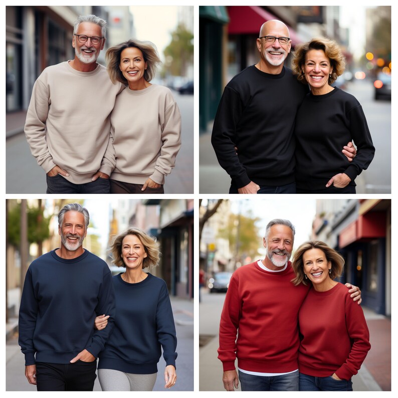 May include: Four couples, all wearing matching sweaters, pose for a photo in an urban setting. The couples are smiling and appear to be enjoying each other's company. The sweaters are in various colors, including beige, black, navy blue, and red.