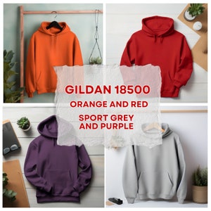 May include: Four Gildan 18500 hoodies in different colors: orange, red, sport grey, and purple. The hoodies are laid out on a flat surface.