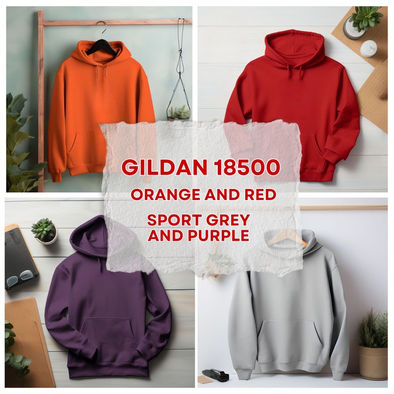 May include: Four Gildan 18500 hoodies in different colors: orange, red, sport grey, and purple. The hoodies are laid out on a flat surface.