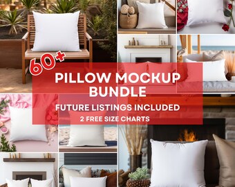 May include: A collage of images showcasing 60+ pillow mockups in various settings. The text "Pillow Mockup Bundle" and "Future Listings Included" is displayed in red. The text "2 Free Size Charts" is displayed in black.