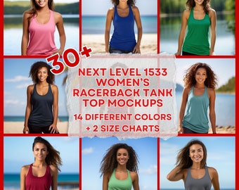May include: 30+ Next Level 1533 Women's Racerback Tank Top Mockups. 14 Different Colors + 2 Size Charts. The image shows a collage of nine photos of women wearing different colored racerback tank tops.