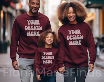Gildan 18000 Family Mockup, Family Mockup Sweatshirt Bundle, Mommy and Me Mockup Bundle-18000, Maroon Gildan Sweatshirt Mockup Christmas JPG