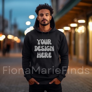 Gildan 18500 Black Hoodie Mockup, Male Model Gildan 18500 Mens Hoodie Mockup Bundle, Model Lifestyle Hooded Sweatshirt Black Model Mockup