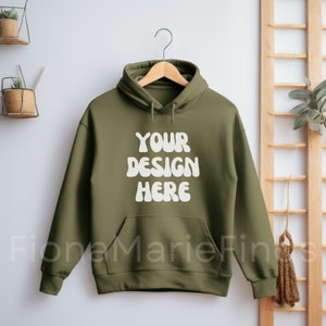 Gildan 18500 Military Green Hoodie Mockup, Hanging Military Green Gildan Hoodie Mockup, Green Hoodie Flat Lay Adult Boho Unisex Mockup JPG