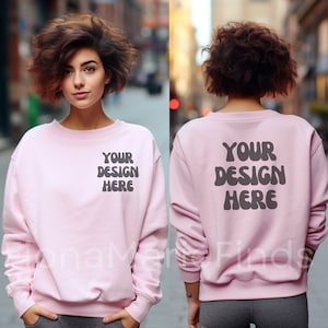 Gildan 18000 Front and Back Light Pink Sweatshirt Mockup, Front Back Mockup Light Pink Oversized Sweater Model 18000 Gildan Mock Up G180