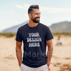 Male Model Bella Canvas 3001 Navy T-Shirt Mockup, Men&#39;s Unisex Navy Tee Mockup, Shirt Mockup  Styled Stock Photo Digital Download JPG