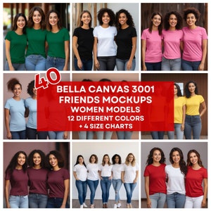 40 人の友人グループ モックアップ バンドル、女の子のグループ T シャツ モックアップ、Bella Canvas 3001 女性グループ T シャツ 独身パーティー モックアップ ガールフレンド 友人