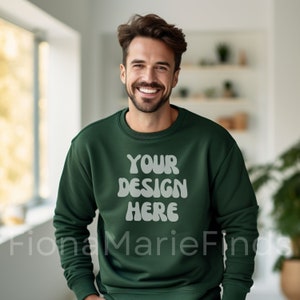 Gildan 18000 Forest Green Sweatshirt Mockup, Male Gildan Sweater Mockup, Sweatshirt Mens Model Mockup G180 Forest Green Crewneck Digital JPG