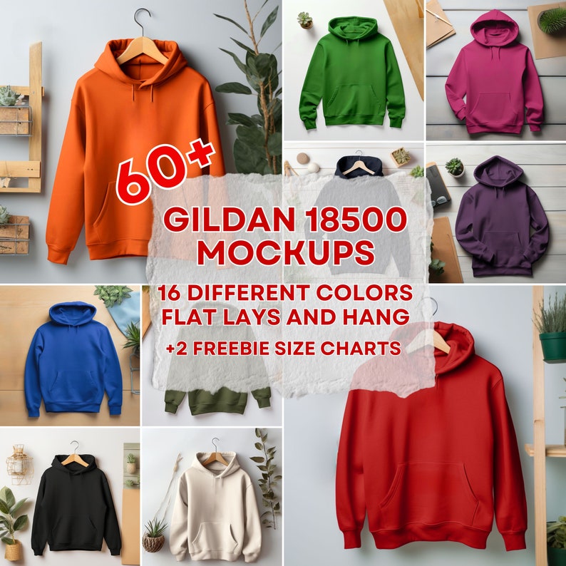 May include: A collage of 16 different color Gildan 18500 hoodies, with the text "60+ Gildan 18500 Mockups 16 Different Colors Flat Lays and Hang +2 Freebie Size Charts".