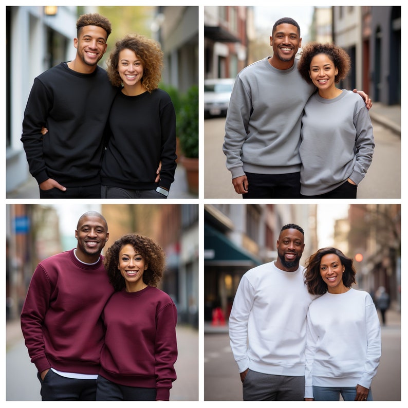 May include: Four couples wearing matching sweatshirts in different colors. The couples are standing in an urban setting with buildings and sidewalks in the background.