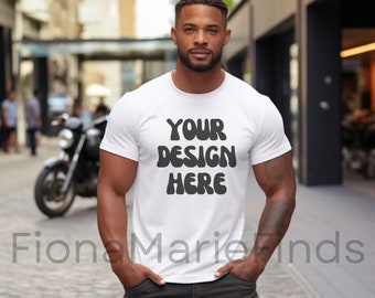 Modelo masculino Bella Canvas 3001 maqueta de camiseta blanca, maqueta de camiseta blanca unisex para hombre, paquete de maqueta de camisa modelo masculino negro JPG afroamericano